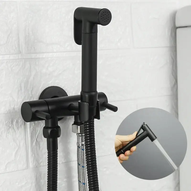 Black matte bidet shower head with sleek modern design and flexible hose for bathroom use