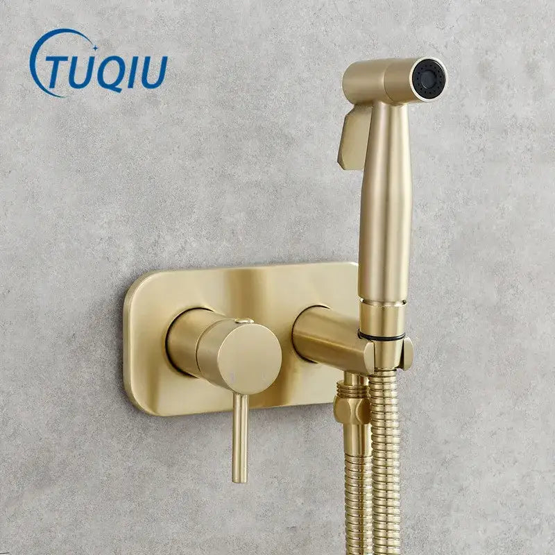 Modern gold brass bidet sprayer set featuring a wall-mounted sleek bidet sprayer with flexible hose for bathroom use