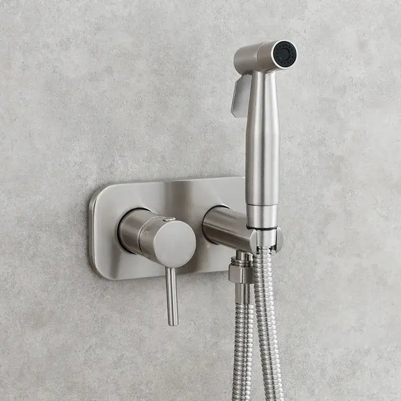 Modern brushed stainless steel wall-mounted bidet sprayer with flexible hose in brass bidet sprayer decorbites design