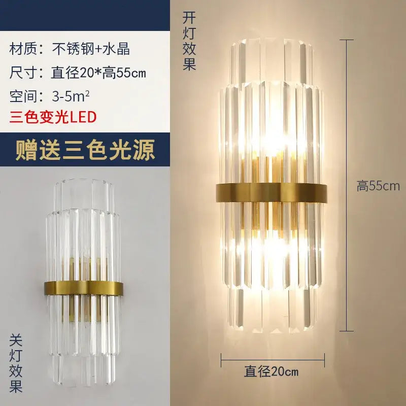 Modern gold brass crystal wall sconce with clear crystal rods and three-color led lighting for bedroom decorbites crystal modern