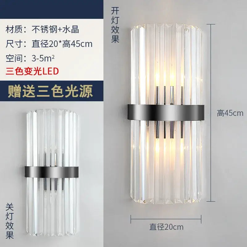 Modern gold brass crystal wall sconce with clear crystal prismatic rods and three-color led lighting decorbites crystal modern wall