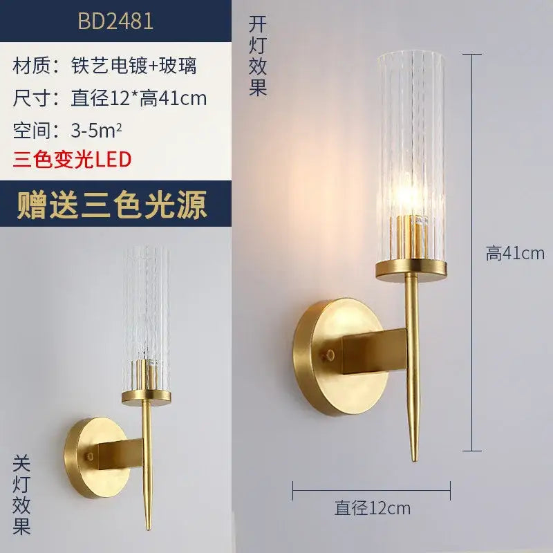 Modern gold brass crystal wall sconce with cylindrical glass shade and led lighting for bedroom decorbites crystal modern use
