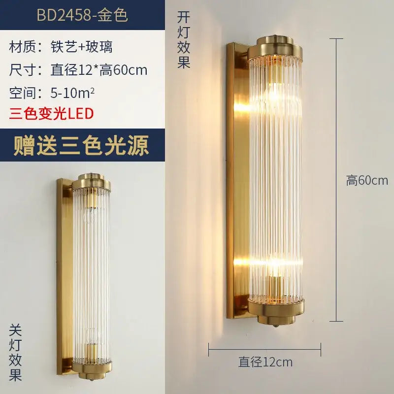 Modern gold brass crystal wall sconce with vertical glass rods and three-color led light for bedroom decorbites crystal modern wall