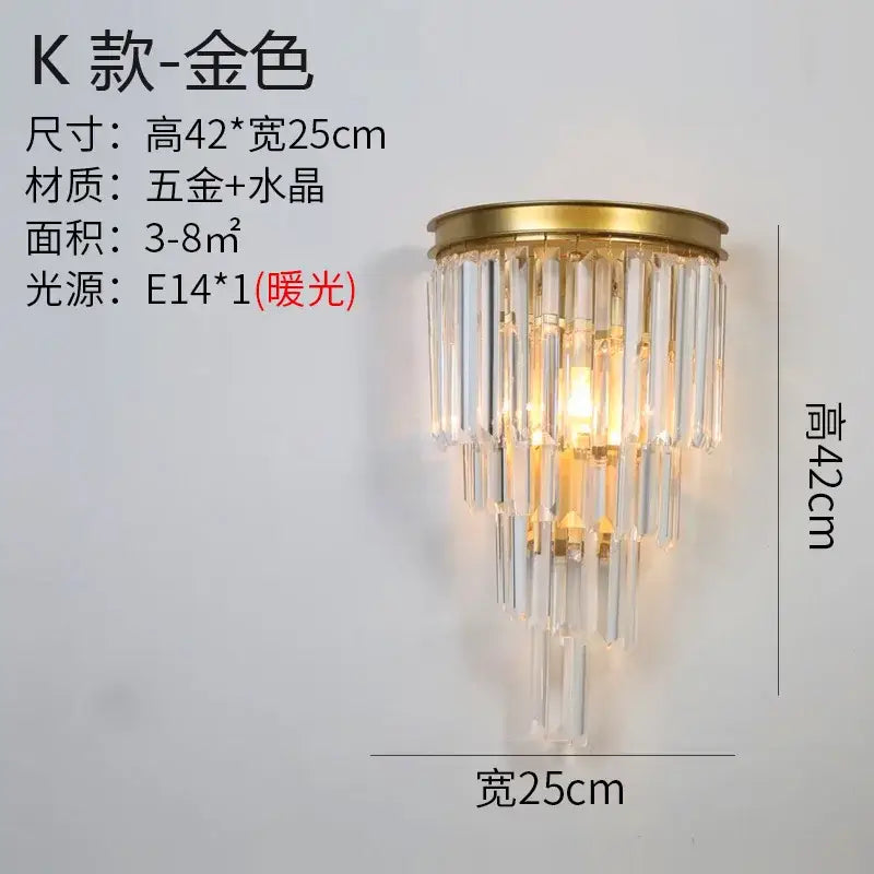 Modern gold brass crystal wall sconce with cascading clear crystal prisms for bedroom decorbites crystal modern lighting