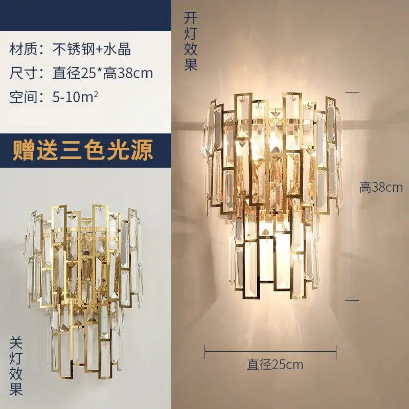 Modern gold brass crystal wall sconce with cascading clear crystal panels in stainless steel for bedroom decorbites crystal modern lighting