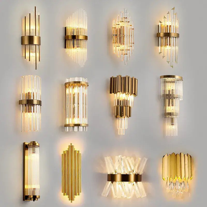 Modern gold brass crystal wall sconce with clear crystal rods for bedroom decorbites crystal modern lighting design