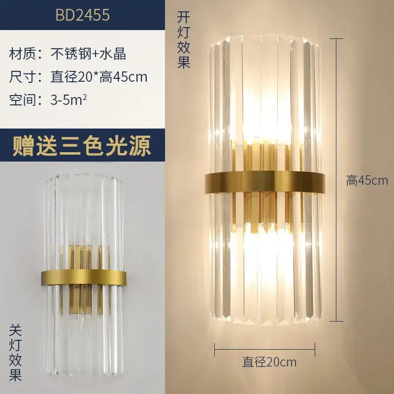 Modern gold brass crystal wall sconce with vertical crystal rods and central brass band for decorbites crystal modern decor
