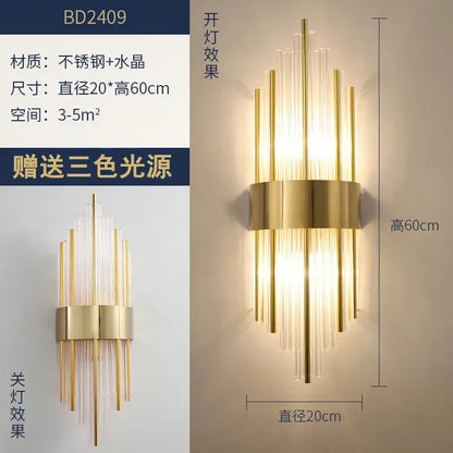 Modern gold brass crystal wall sconce with vertical stainless steel rods and clear crystal tubes for bedroom decorbites crystal modern lighting