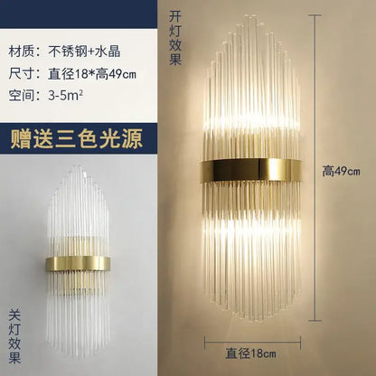 Modern gold brass crystal wall sconce with vertical crystal rods and stainless steel band for bedroom decorbites crystal modern use
