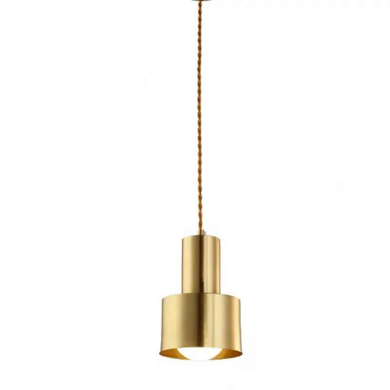 Modern gold brass trumpet pendant light with a cylindrical lamp and twisted cord suspension for bedroom decorbites brass trumpet