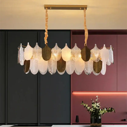 A modern gold and brown elegant glass ceiling chandelier with twisted fabric cords and leaf-shaped glass panels for decorbites elegant glass decor