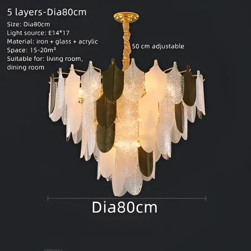 Modern gold and brown elegant glass ceiling chandelier with five cascading layers of white and dark green leaf panels