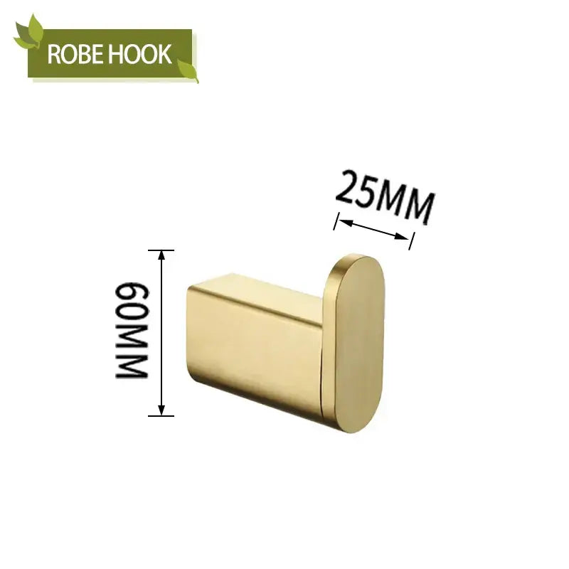 Modern gold brushed decorbites bathroom accessories set featuring a sleek gold-colored rectangular robe hook with rounded edges