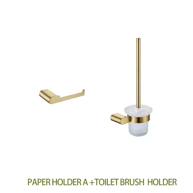 Modern gold brushed bathroom accessories set with frosted glass paper holder and toilet brush holder by decorbites bathroom