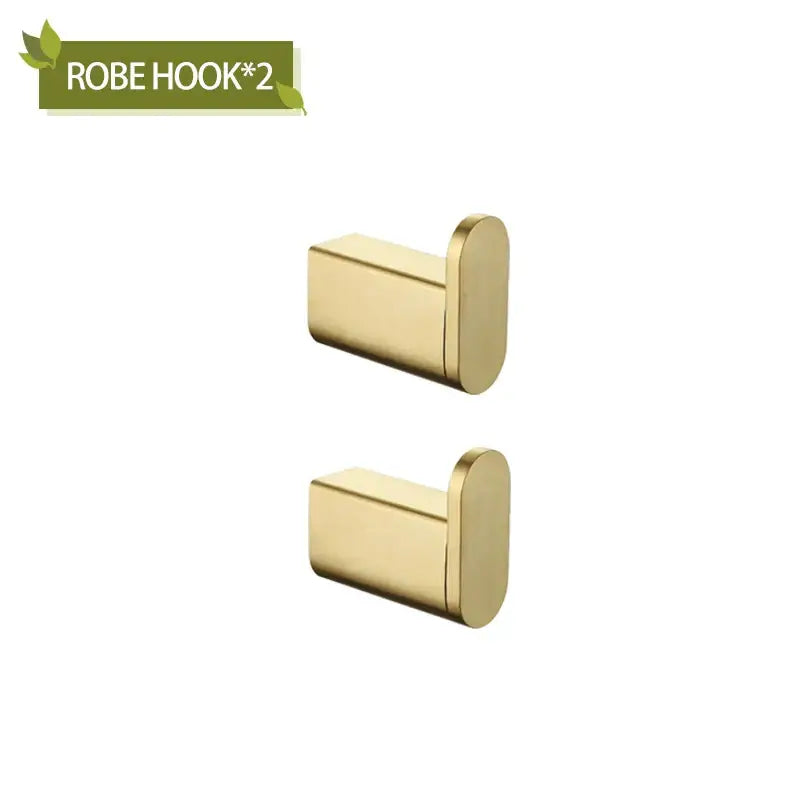 Two sleek brushed gold robe hooks with modern rectangular design from decorbites bathroom accessories set