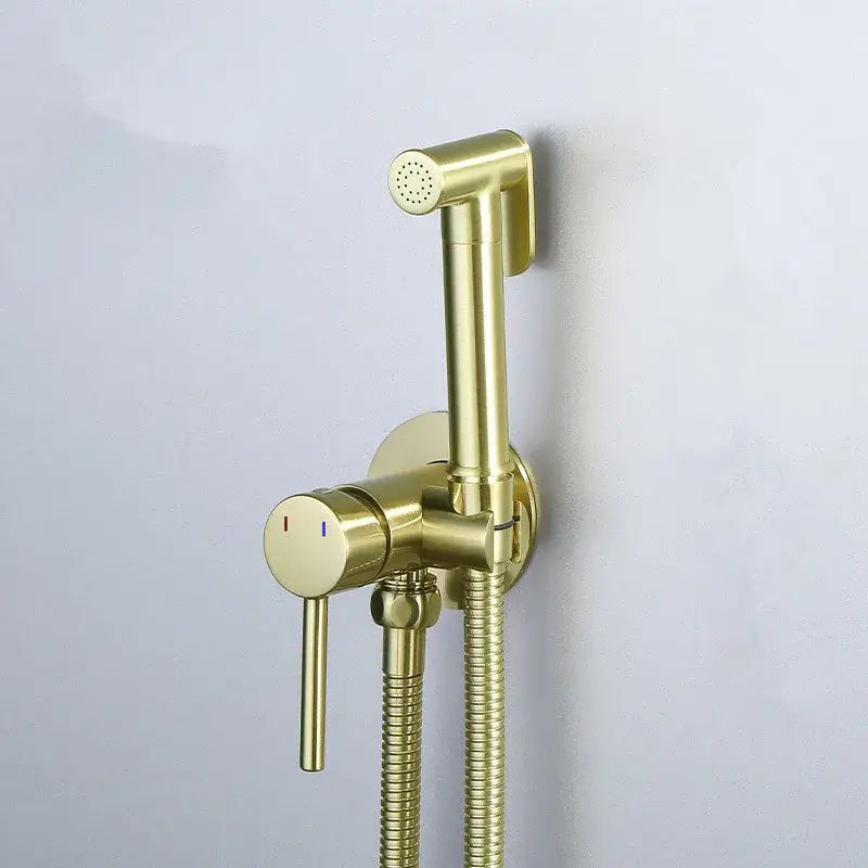 Gold brushed brass bidet sprayer set with modern design and flexible hose for bathroom use