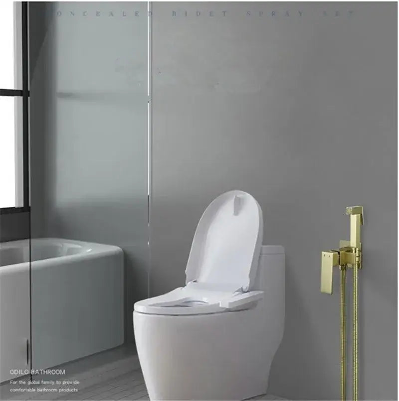 White ceramic toilet with sleek modern design and attached bidet seat in a modern gold brushed brass bidet sprayer set