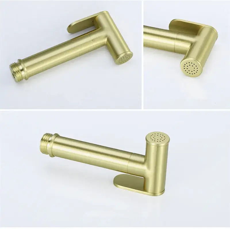 Modern gold brushed brass bidet sprayer set with sleek design and perforated nozzle for bathroom use