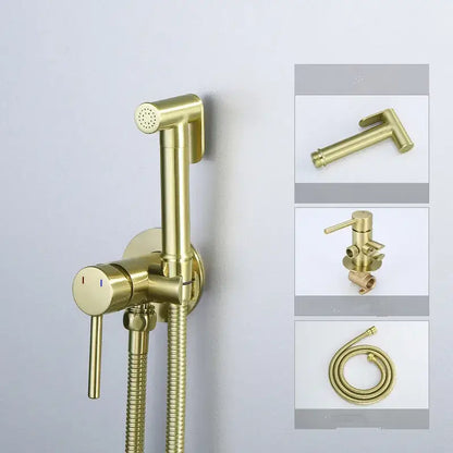 Modern gold brushed brass bidet sprayer set with handheld sprayer and wall-mounted control valve for bathroom use