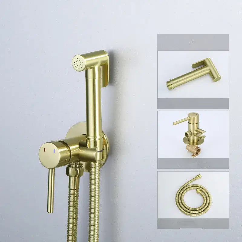 Modern gold brushed brass bidet sprayer set with handheld sprayer and wall-mounted control valve for bathroom use