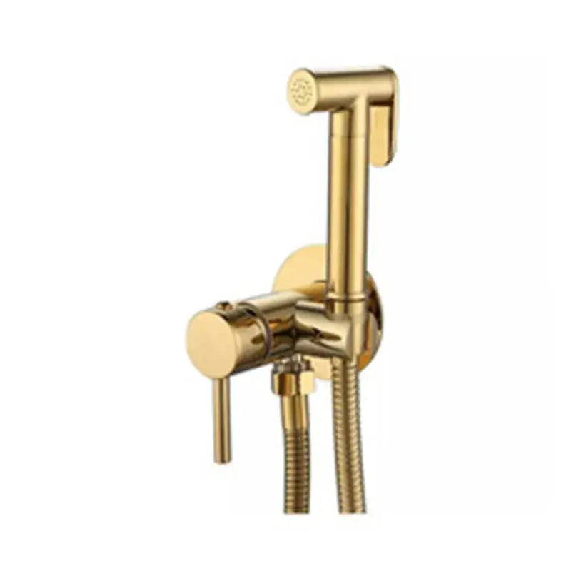 Modern gold brushed brass bidet sprayer set with sleek design and flexible hose for bathroom use