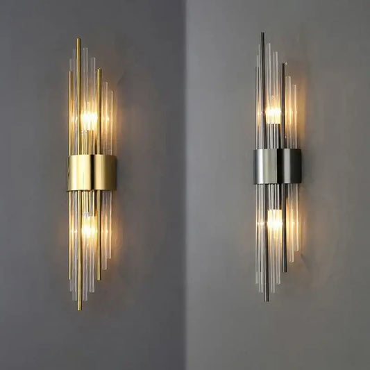 Modern gold and brushed steel glass rod wall lamp featuring a sleek vertical design for living room decorbites gold led wall lamp