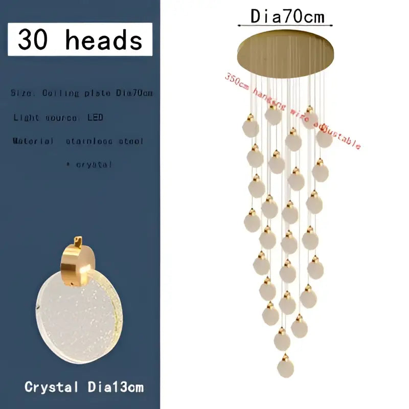Modern gold bubble crystal ceiling pendant light with 30 dangling orbs and circular stainless steel base for villa staircase decorbites bubble crystal