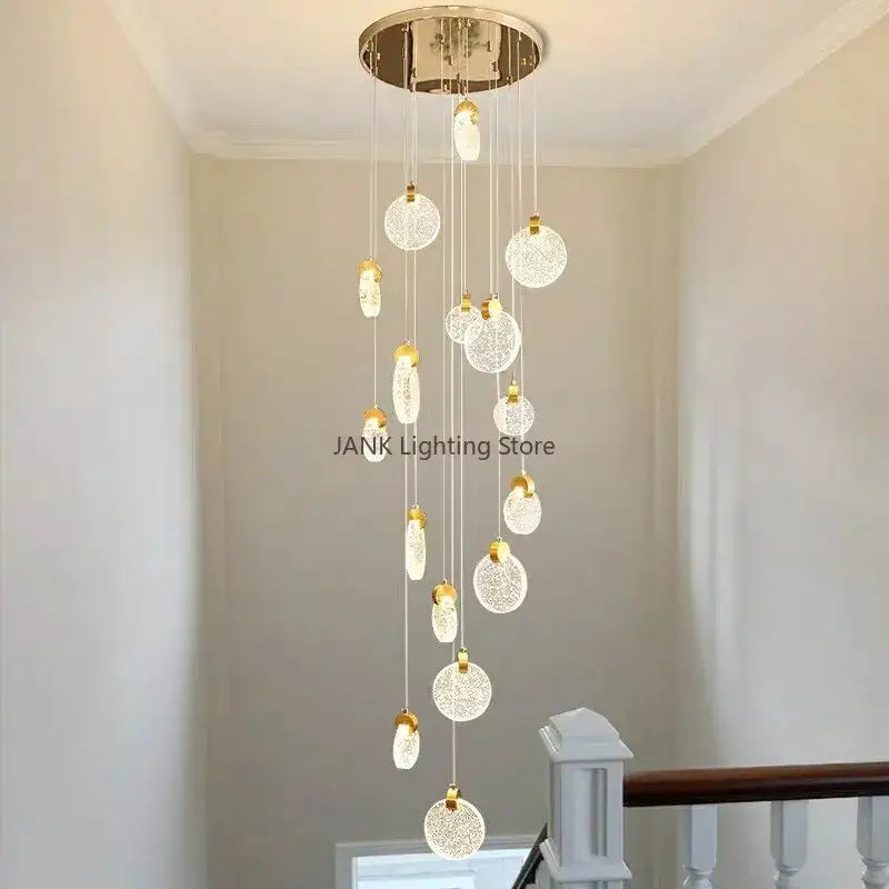 Modern gold bubble crystal pendant light with circular ceiling mount and intricate glass orbs for villa staircase decorbites bubble crystal ceiling