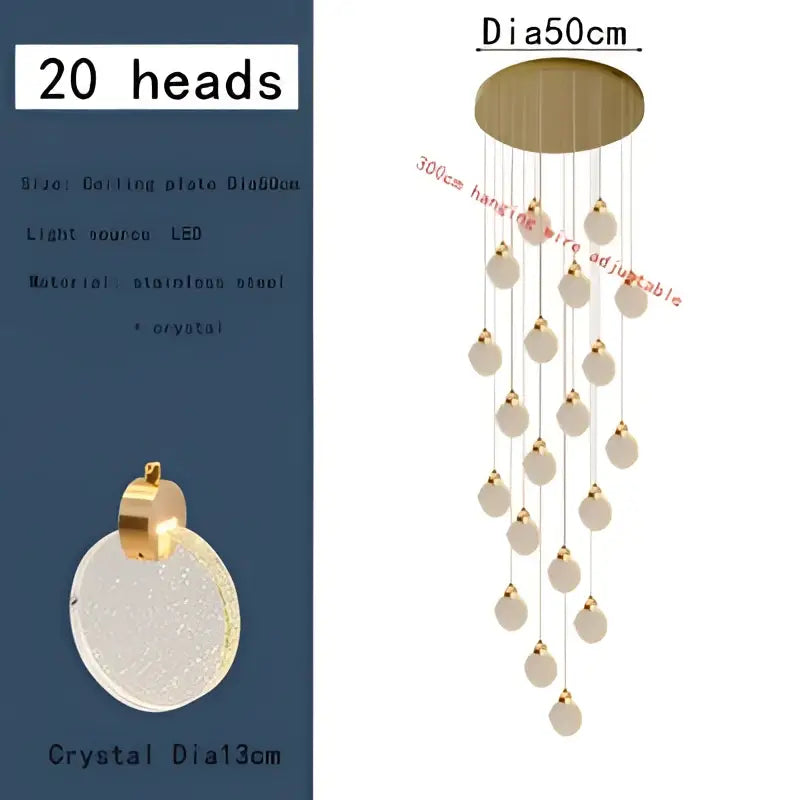 Modern gold bubble crystal pendant light with 20 dangling crystals on stainless steel plate for villa staircase decorbites bubble crystal ceiling