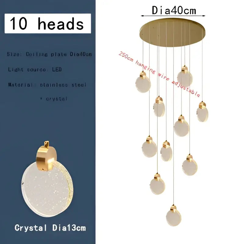 Modern gold bubble crystal pendant light featuring ten 13cm diameter crystals suspended by adjustable wires for villa staircase decorbites bubble crystal ceiling