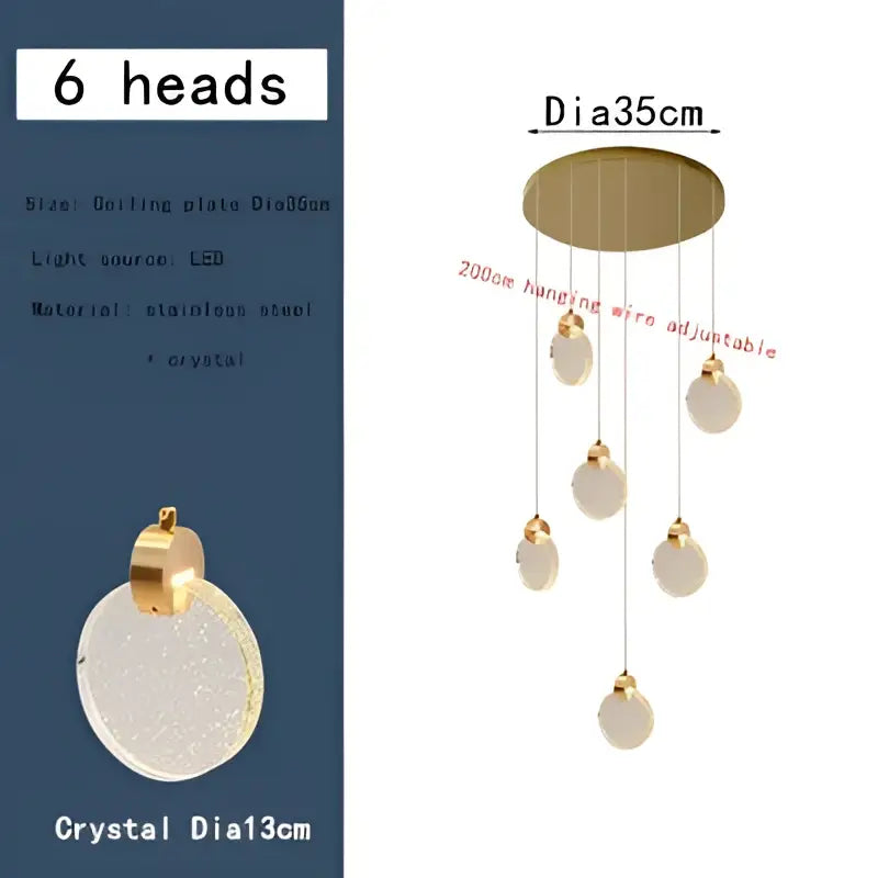 Modern gold bubble crystal ceiling pendant light with six textured white bubble crystal pendants on stainless steel