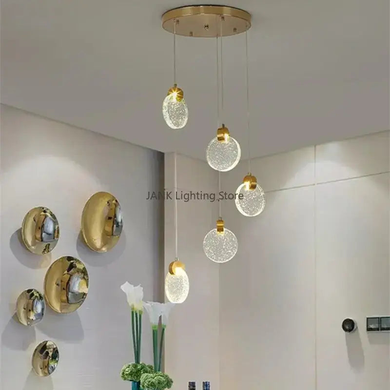 Modern gold bubble crystal pendant light with five clear textured glass globes for villa staircase decorbites bubble crystal ceiling