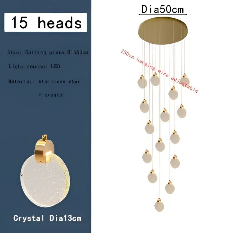 Modern gold-toned pendant light with 15 crystal teardrop pendants and circular ceiling plate for villa staircase decorbites bubble crystal ceiling