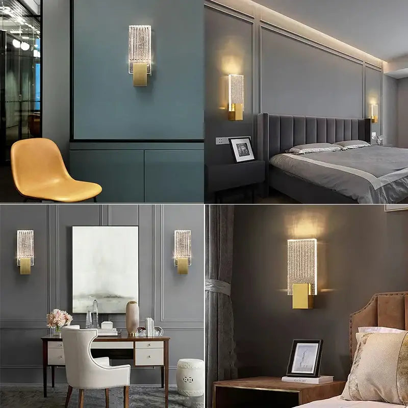 Modern gold bubble crystal led wall sconces with a gold-toned rectangular base and vertical glass panel for living room lighting
