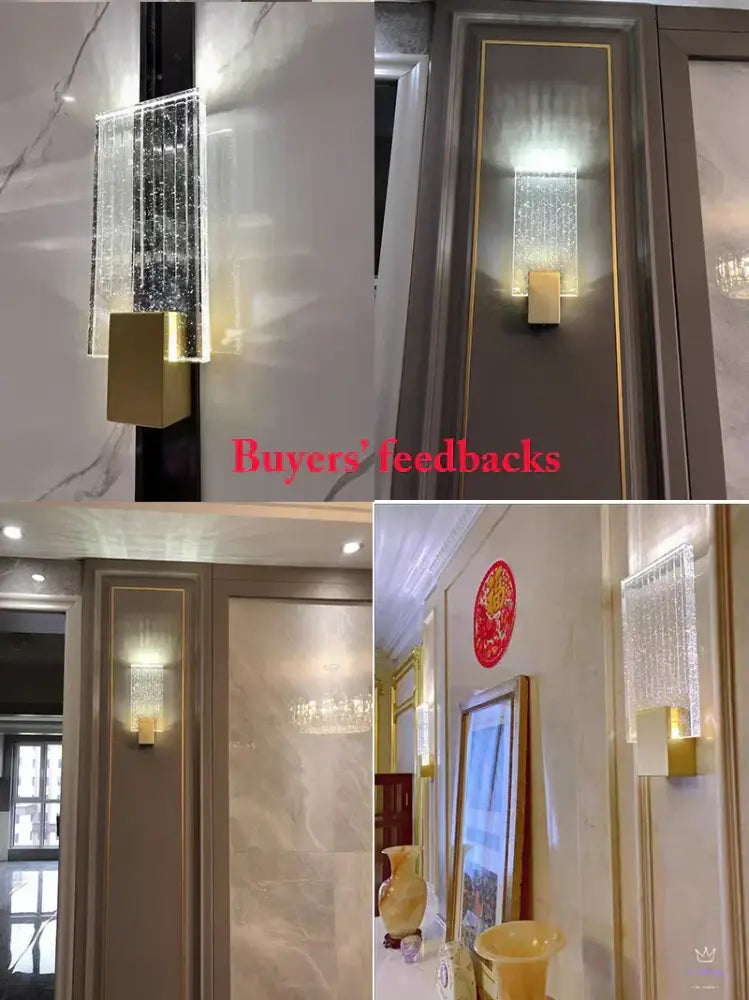 Modern gold bubble crystal led wall sconces with a rectangular base and vertical glass panel for living room lighting