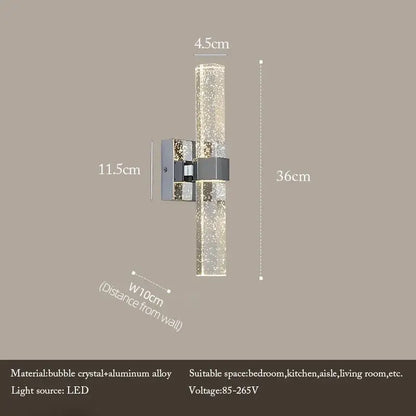 Modern gold bubble crystal led wall sconce with sparkling cylinder and aluminum alloy mounting bracket for living room light