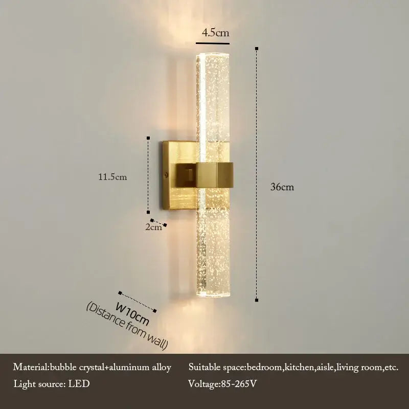 Modern gold bubble crystal led wall sconces with cylindrical diffuser and aluminum alloy bracket for living room lighting