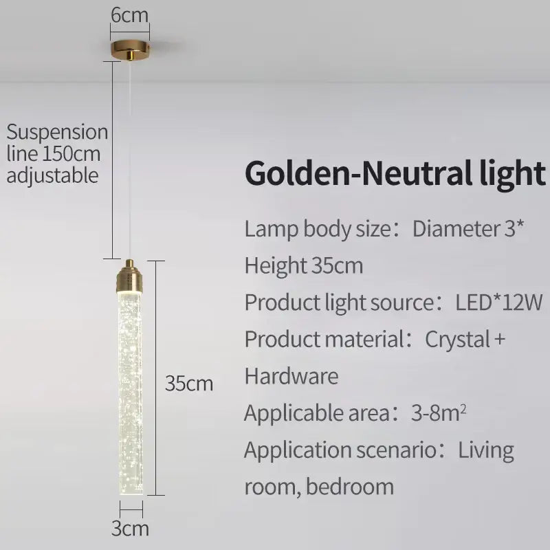 Modern gold bubble crystal pendant light with illuminated crystal body and golden-finished top for dining room