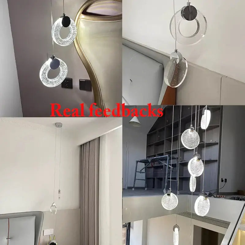 Modern gold bubble crystal pendant lights featuring circular and spherical glass elements for living room lighting