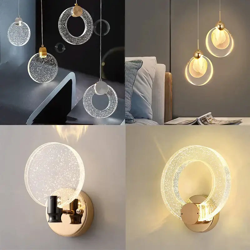 Modern gold bubble crystal pendant lights and wall sconces with sparkling translucent glass and gold-toned metal accents