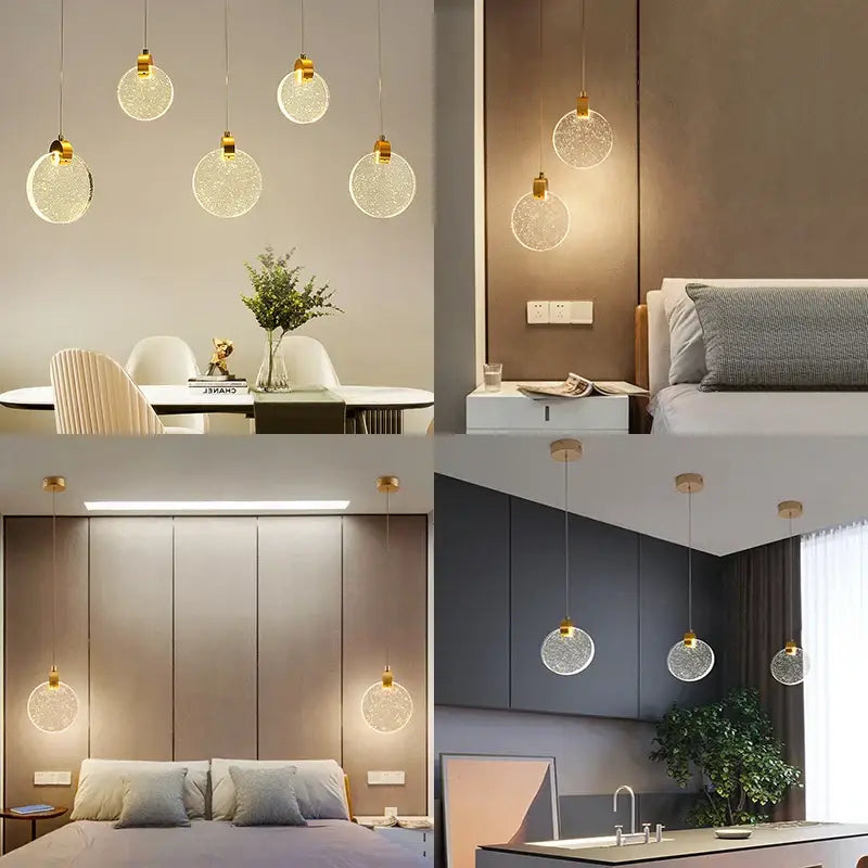 Modern gold bubble crystal pendant lights featuring clear glass globes and gold-toned metal fixtures for living room