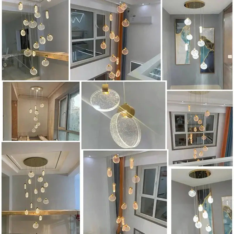 Modern gold bubble crystal pendant lights featuring glass globe pendant lights with gold accents for living room