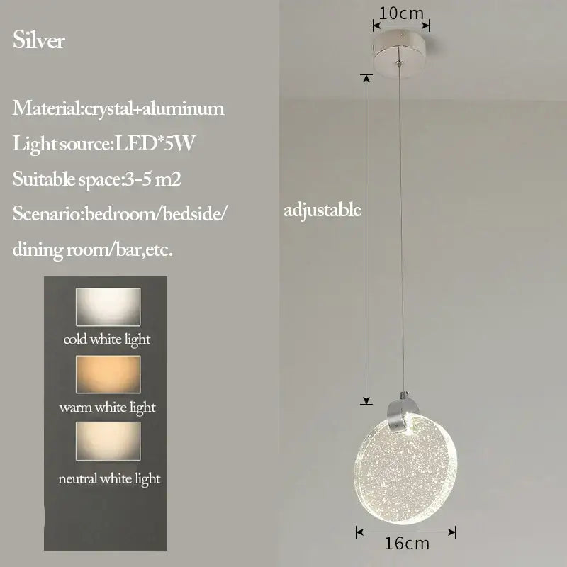 Silver circular bubble crystal pendant light with aluminum design and adjustable length for modern living room settings