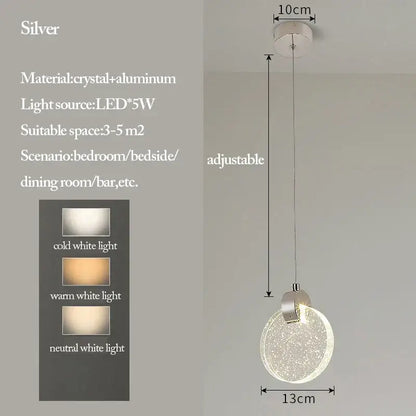 Silver bubble crystal pendant light with aluminum design and adjustable led bulb offering multiple white light options