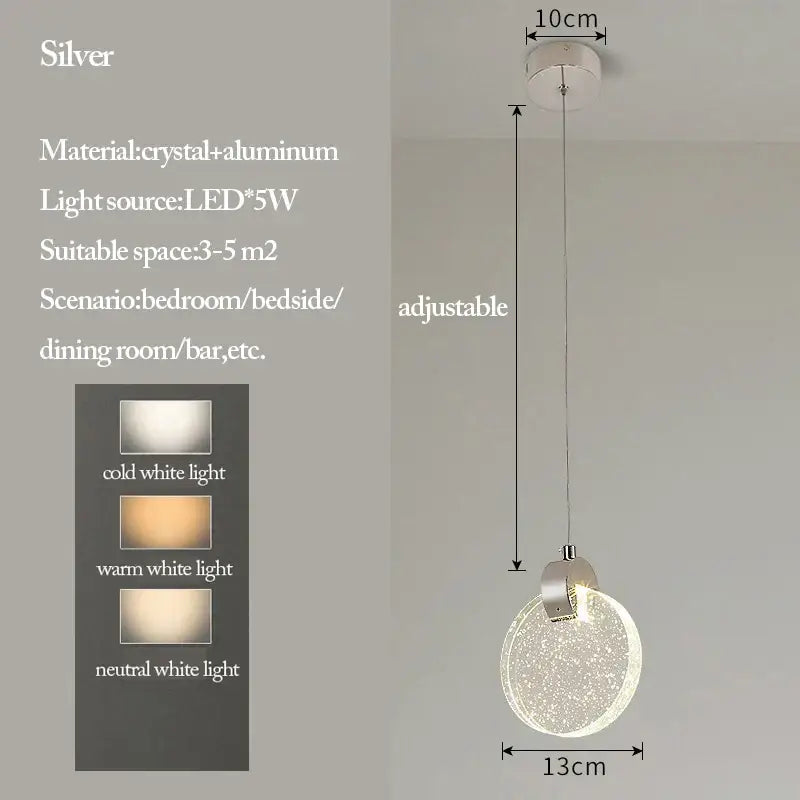 Silver bubble crystal pendant light with aluminum design and adjustable led bulb offering multiple white light options