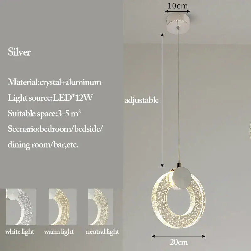 Silver ring-shaped modern bubble crystal pendant light made of crystal and aluminum with adjustable hanging length