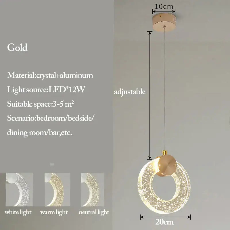 Gold-toned bubble crystal pendant light with aluminum design and adjustable hanging length for living room use