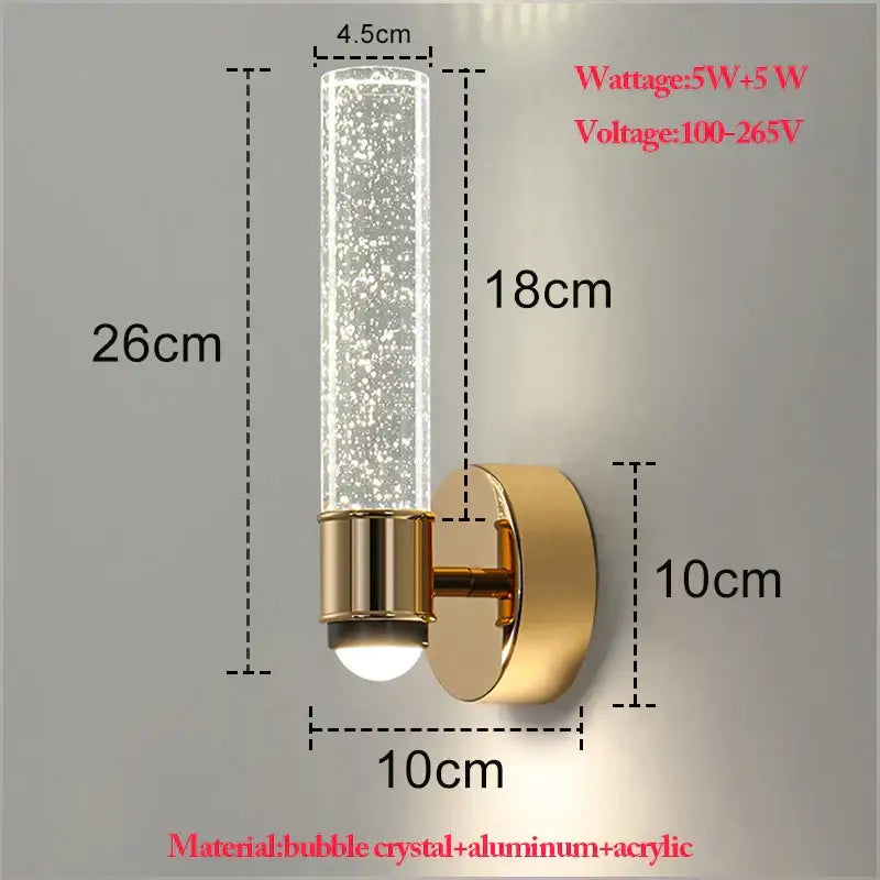 Modern gold bubble crystal wall sconces with cylindrical glass tube and aluminum mounting plate for indoor decorbites use