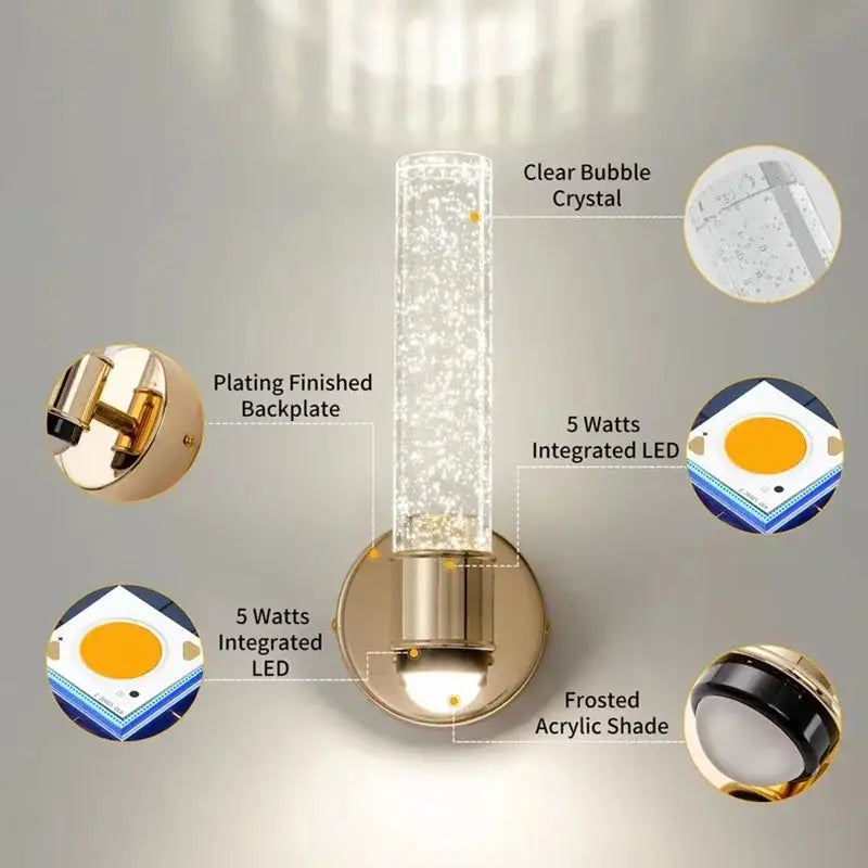 Modern gold wall sconces featuring a bubble crystal cylinder and frosted acrylic shade for bedroom decorbites bubble crystal