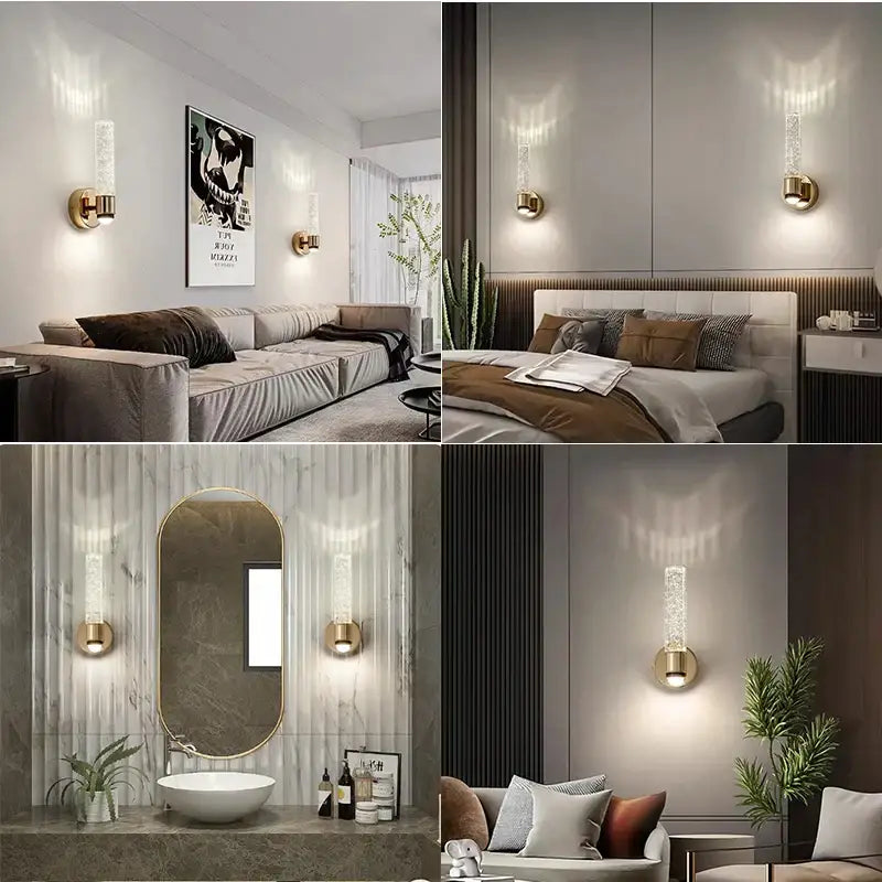 Modern gold bubble crystal wall sconces with clear textured cylindrical glass and integrated LED for bedroom decorbites lighting
